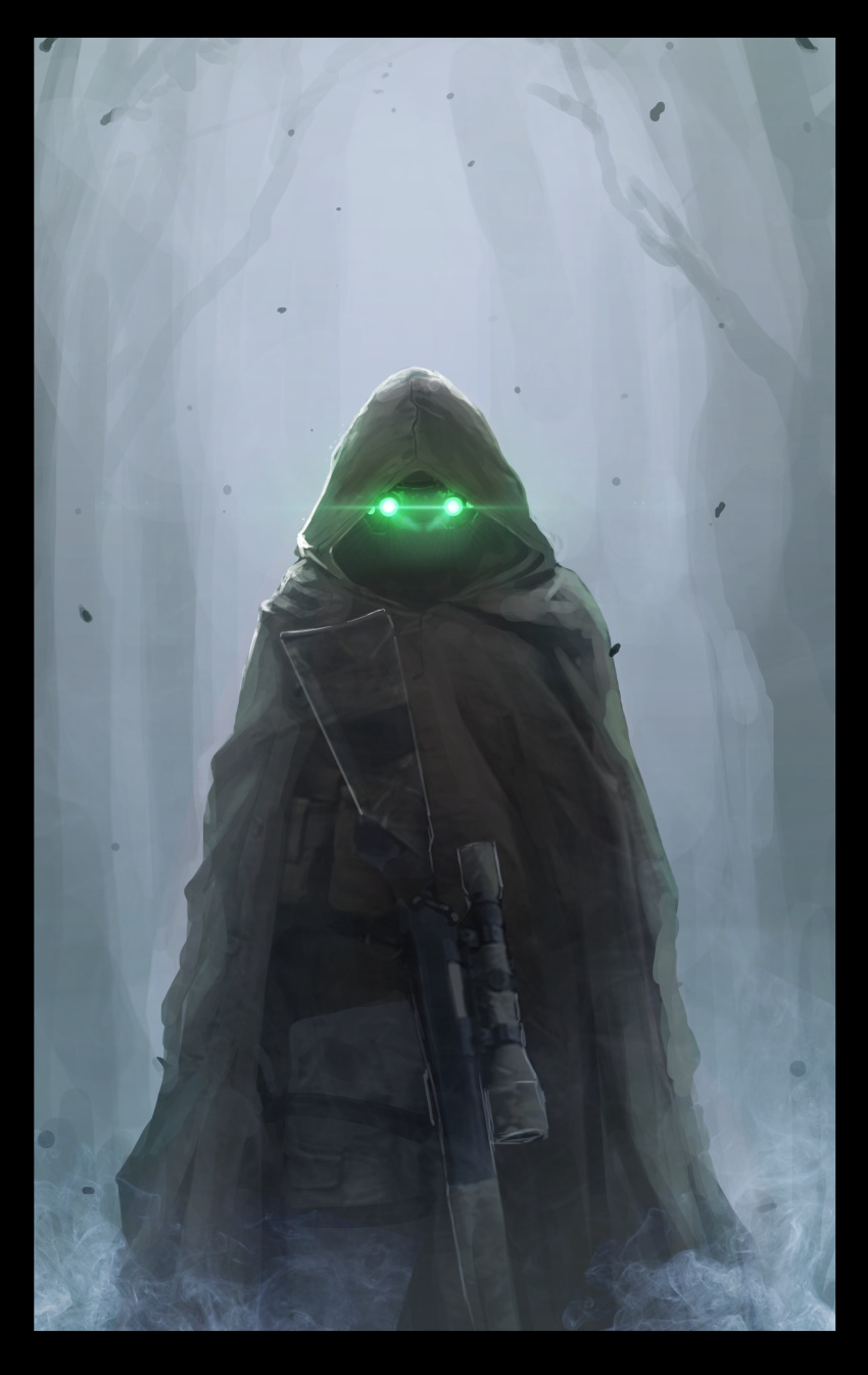 absurdres bare_tree border fog glowing glowing_eyes gun highres hood leaf military military_uniform night_vision_device oota_youjo original poncho rifle scope sniper sniper_rifle tree uniform weapon