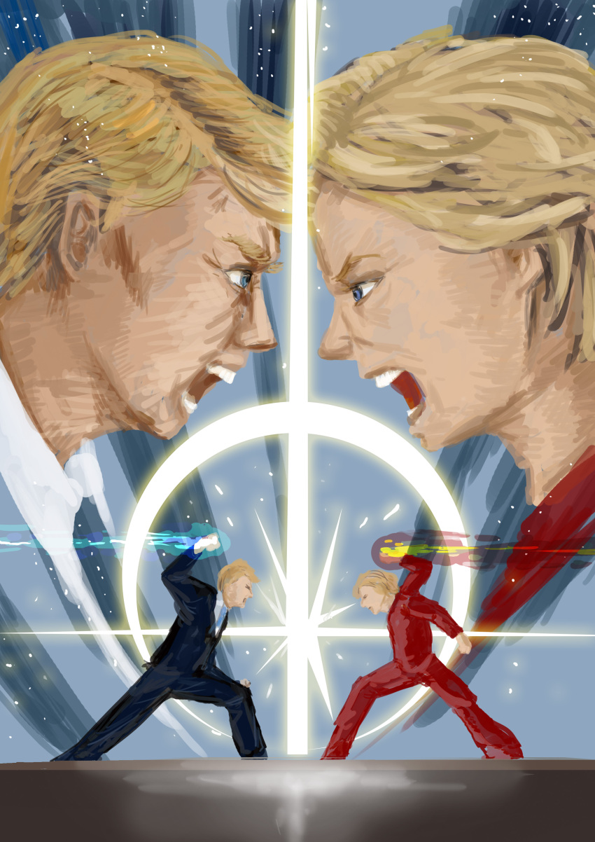 1boy 1girl absurdres awesome_face blonde_hair business_suit clash donald_trump election fighting fighting_stance fire formal highres hillary_clinton lens_flare old_man old_woman open_mouth staring staring_contest suit 選挙2