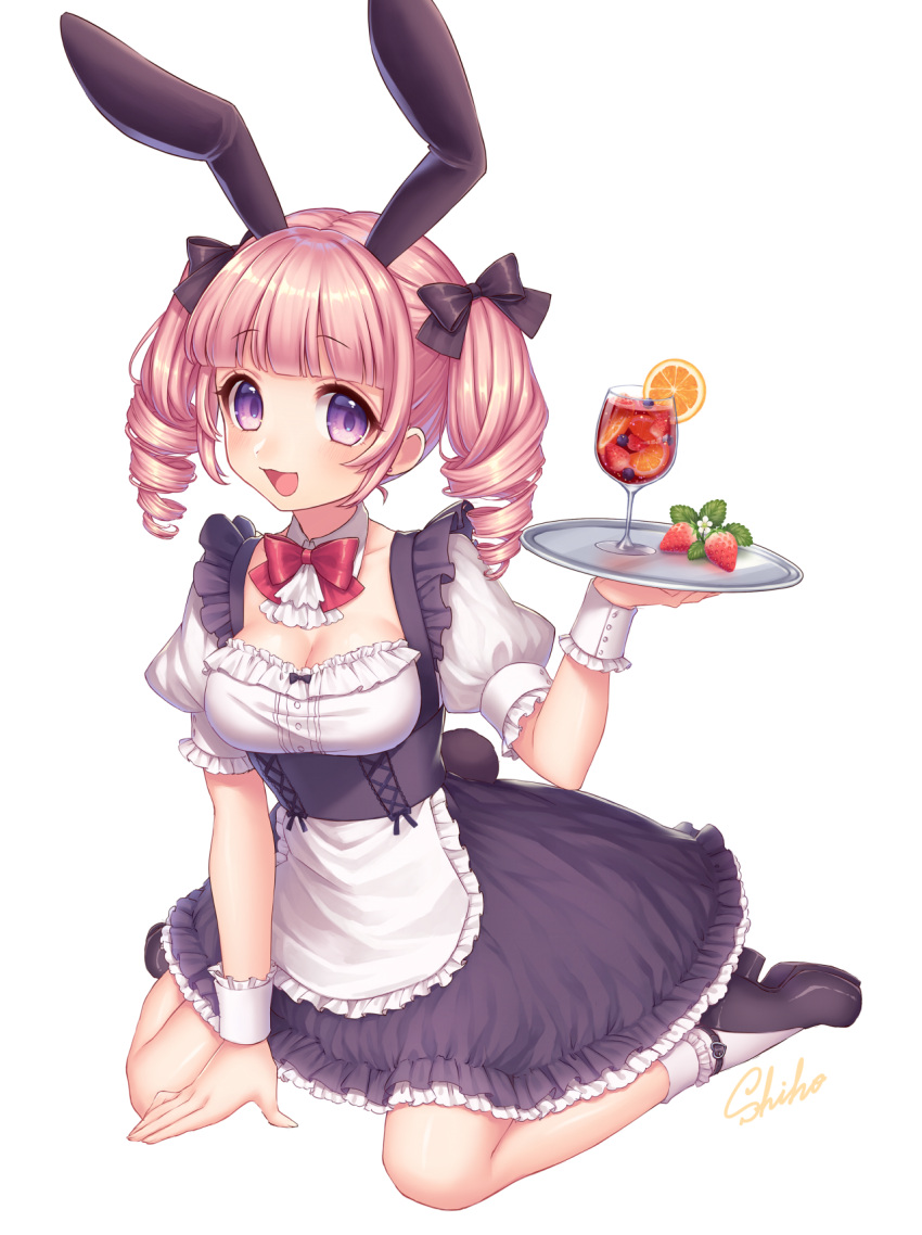 1girl :3 :d animal_ears apron artist_name blueberry bow bowtie breasts bunny_tail cleavage cocktail cocktail_glass cup detached_collar dress drill_hair drinking_glass eyebrows eyebrows_visible_through_hair fake_animal_ears food frilled_dress frilled_sleeves frills fruit full_body hair_bow highres holding holding_tray leaf long_hair maid medium_breasts open_mouth orange original pink_hair puffy_short_sleeves puffy_sleeves rabbit_ears sakura_shiho_(shihoncake) shoes short_sleeves simple_background sitting smile socks solo strawberry tail tray twin_drills twintails underbust violet_eyes wariza white_background white_legwear wrist_cuffs