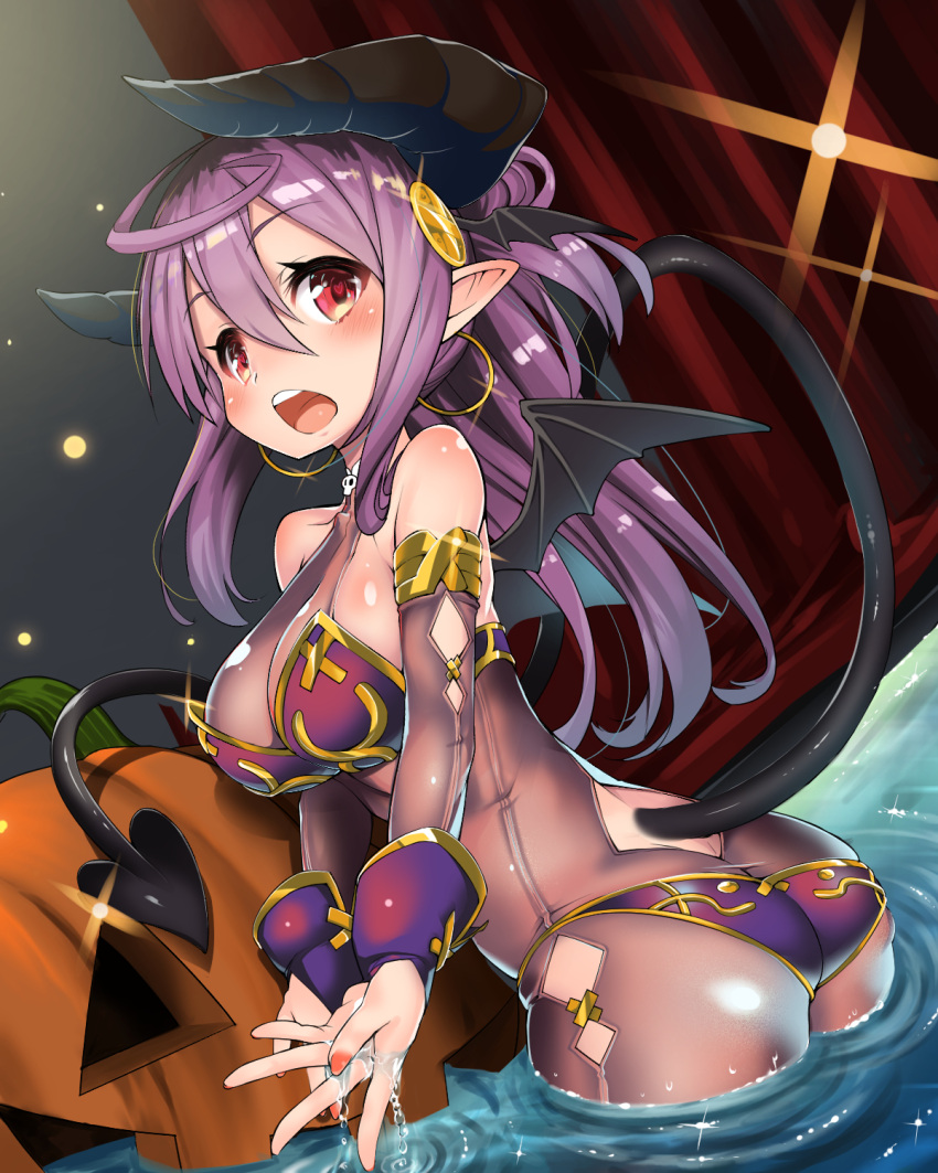 1girl ahoge ass bare_shoulders bat_wings bikini blush bodysuit breasts butt_crack cleavage commentary_request demon_girl demon_horns demon_tail demon_wings detached_sleeves earrings eyebrows eyebrows_visible_through_hair from_behind hair_ornament halloween highres hobby_(kento) horns jewelry large_breasts long_hair looking_at_viewer looking_back nail_polish open_mouth original partially_submerged pointy_ears ponytail purple_bikini purple_hair red_eyes round_teeth see-through sidelocks solo standing succubus swimsuit tail teeth wading water wings
