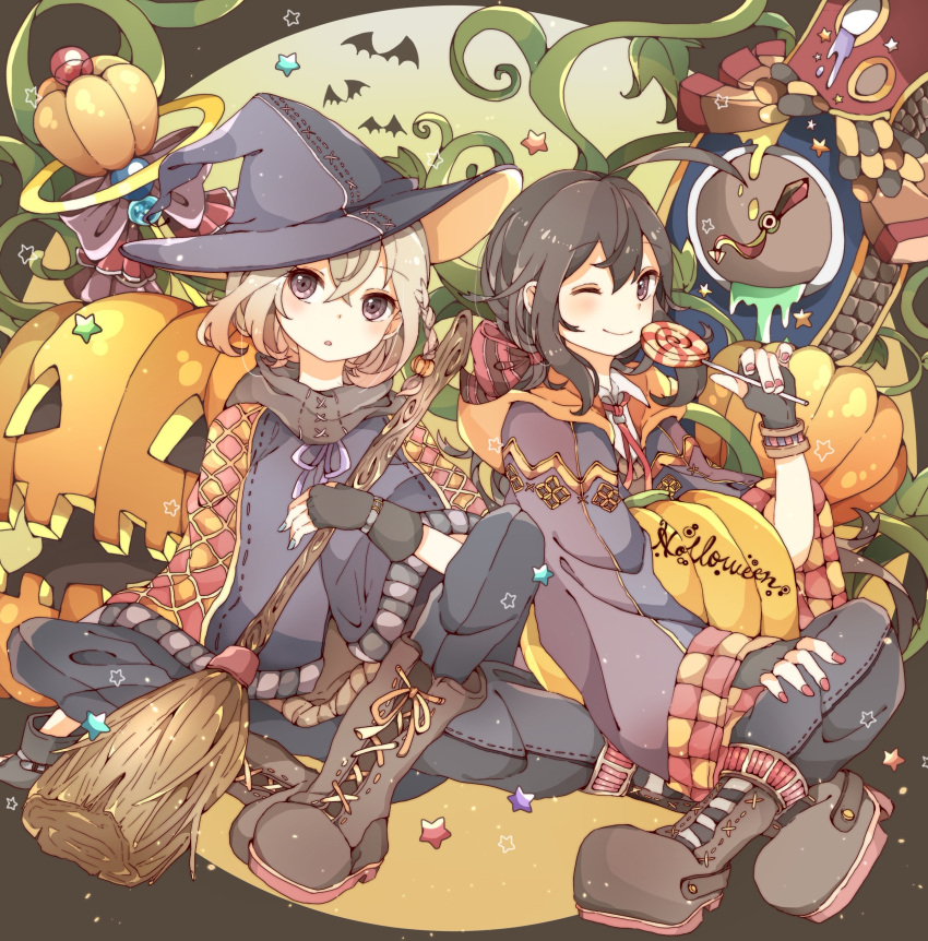 2boys absurdres ahoge bat black_hair blue_nails boots broom candy clock cross-laced_footwear fingerless_gloves food gloves halloween hat highres hiro_(14806390) honebami_toushirou indian_style jack-o'-lantern lace-up_boots lollipop male_focus multiple_boys nail_polish namazuo_toushirou one_eye_closed ponytail red_nails scarf sitting smile star touken_ranbu violet_eyes white_hair witch_hat