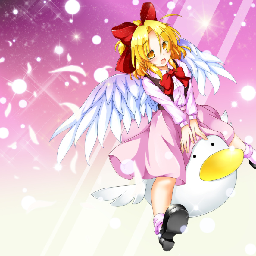 1girl :d aka_tawashi black_shoes black_vest blonde_hair blush bobby_socks bow bowtie dress_shirt feathered_wings feathers full_body gengetsu hair_bow hair_intakes highres long_sleeves looking_at_viewer open_clothes open_mouth open_vest pink_legwear pink_shirt pink_skirt puffy_long_sleeves puffy_sleeves red_bow red_bowtie riding shirt shoes short_hair skirt skirt_set smile socks solo touhou touhou_(pc-98) v_arms vest white_wings wings yellow_eyes