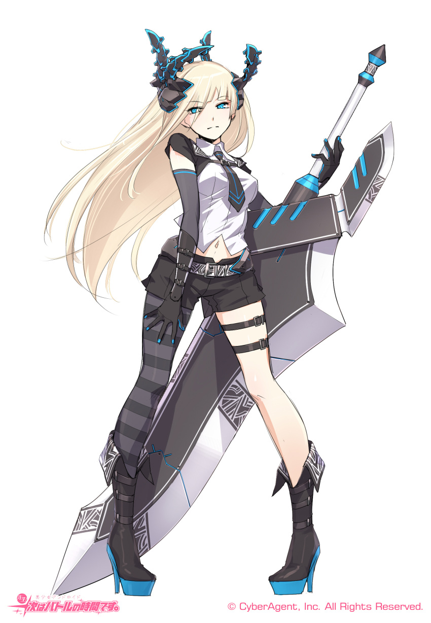 1girl absurdres asymmetrical_legwear black_shorts blonde_hair blue_eyes blue_nails character_request elbow_gloves fingernails full_body gloves highres holding holding_sword holding_weapon horns long_hair looking_at_viewer midriff nail_polish navel pantyhose sensei!_tsugi_wa_battle_no_jikan_desu. shirt short_shorts shorts simple_background solo striped striped_legwear sword weapon white_background white_shirt yuranpo