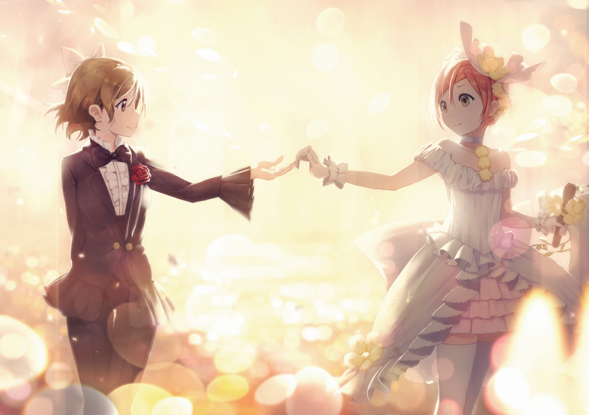 2girls arm_behind_back black_bow black_bowtie blurry bokeh boutonniere bow bowtie brown_hair center_frills choker depth_of_field dress flower formal frilled_sleeves frills gloves hair_bow hair_flower hair_ornament holding_microphone hoshizora_rin imminent_hand_holding koizumi_hanayo long_sleeves looking_at_another love_live! love_live!_school_idol_project love_wing_bell microphone multiple_girls orange_hair overskirt pom_pom_(clothes) redame scrunchie short_hair smile suit tears thigh-highs thigh_gap veil violet_eyes white_dress white_gloves white_legwear wrist_scrunchie yellow_eyes yuri