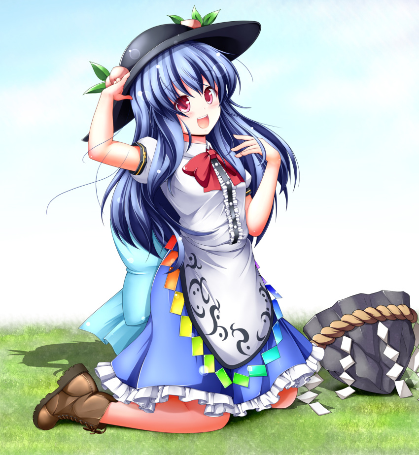 1girl :d adjusting_clothes adjusting_hat aka_tawashi black_hat blue_hair blue_skirt blush boots bow bowtie breasts brown_boots cross-laced_footwear dress_shirt food frills fruit full_body hat highres hinanawi_tenshi keystone kneeling lace-up_boots leaf light_particles long_hair looking_at_viewer open_mouth peach petticoat puffy_short_sleeves puffy_sleeves rainbow_order red_bow red_bowtie red_eyes shirt short_sleeves sidelocks skirt small_breasts smile solo touhou white_shirt