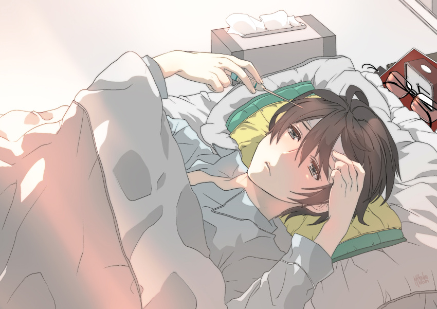 1boy alarm_clock bangs black_hair clock futon glasses glasses_removed grey_eyes highres hiyama_kiyoteru lips male_focus mouri parted_lips pillow sick signature swept_bangs thermometer tissue under_covers