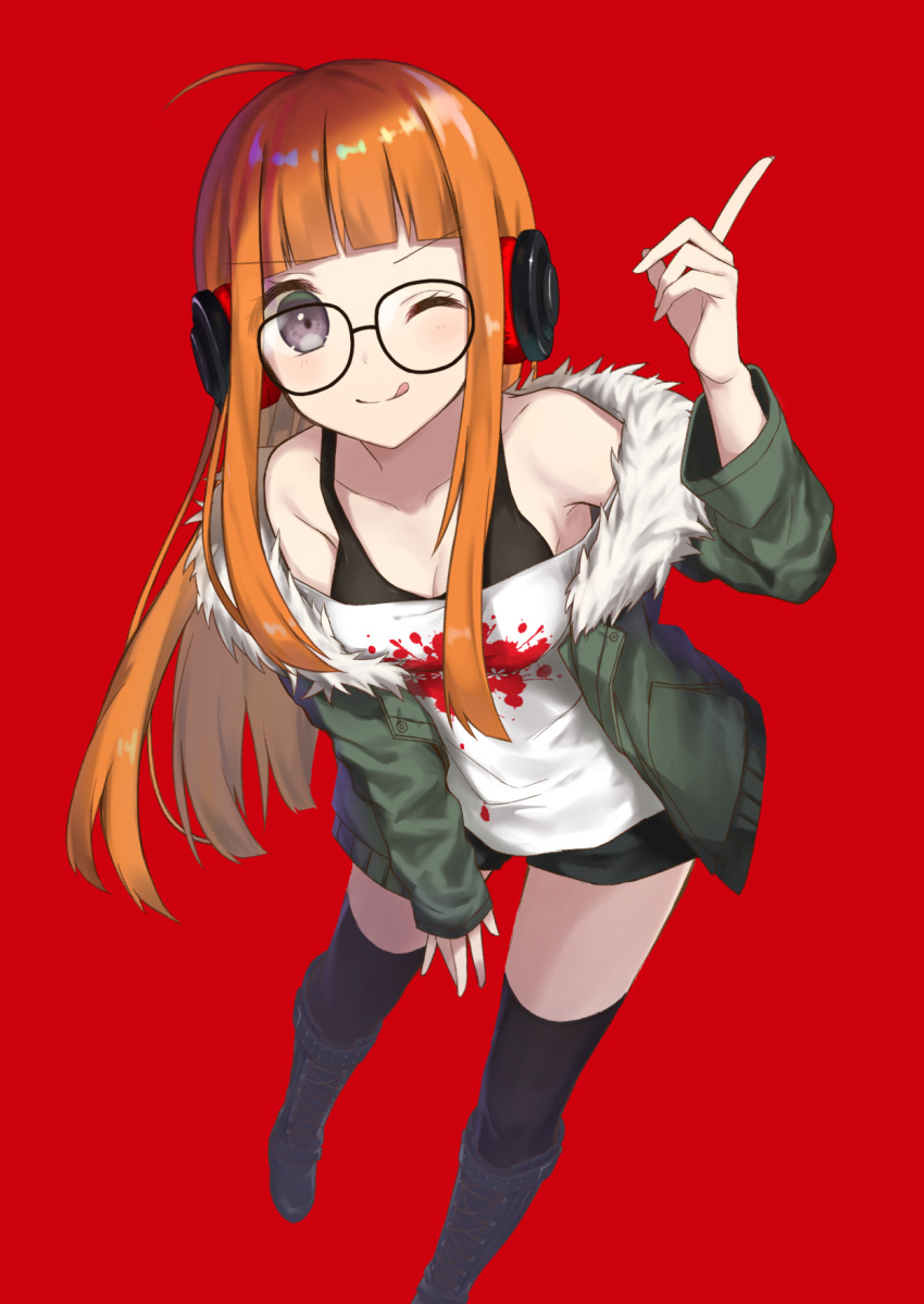 1girl ;q ahoge boots breasts cleavage glasses headphones highres jacket long_hair looking_at_viewer one_eye_closed orange_hair persona persona_5 red_background sakura_futaba simple_background solo tadaomi_(amomom) thigh-highs tongue tongue_out