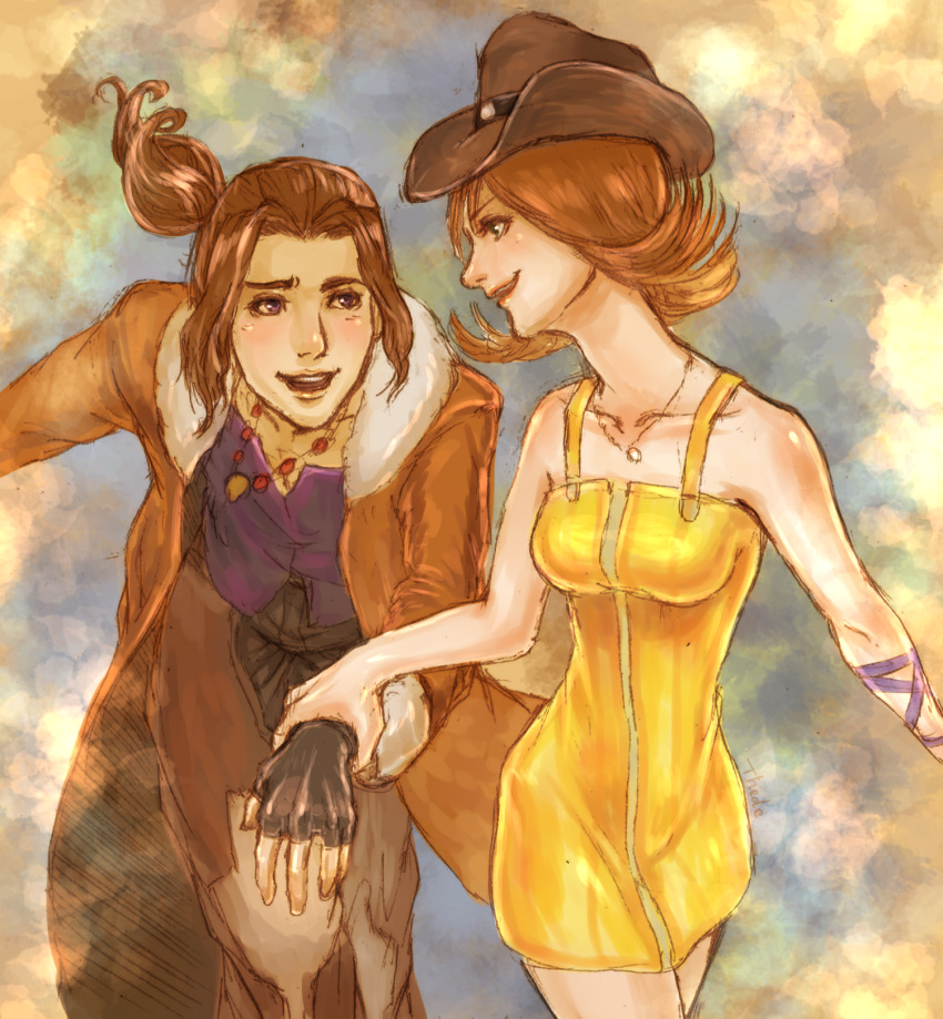 1boy 1girl breasts brown_hair cowboy_hat final_fantasy final_fantasy_viii flipped_hair gloves green_eyes hand_grab hat highres irvine_kinneas jacket long_hair open_mouth selphie_tilmitt short_hair skirt smile yellow_skirt