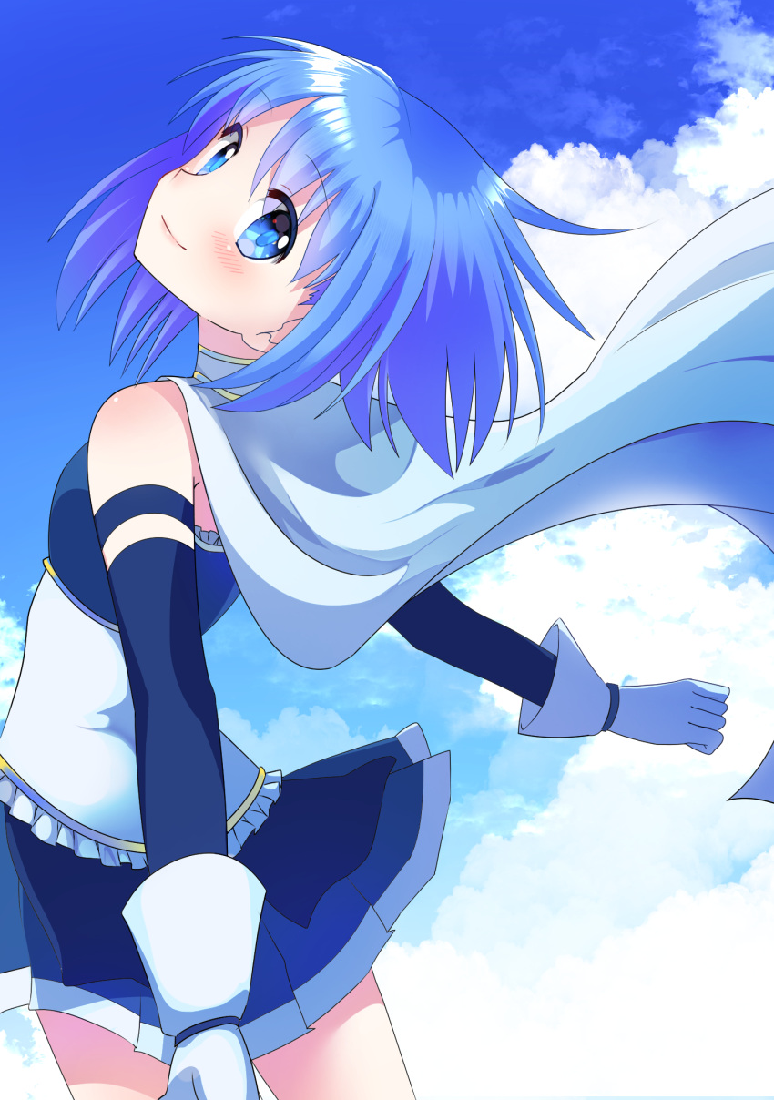 1girl blue_eyes blue_hair blush cape clouds cloudy_sky detached_sleeves gloves highres looking_at_viewer looking_back magical_girl mahou_shoujo_madoka_magica miki_sayaka no_hairclip outstretched_arms sakana_(14894735) skirt sky smile solo white_gloves