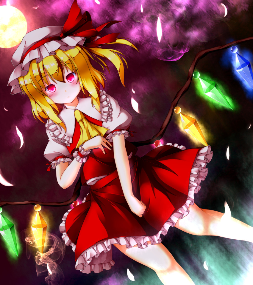 1girl aka_tawashi ascot backlighting blonde_hair blush closed_mouth crystal dutch_angle feathers flandre_scarlet frilled_shirt_collar frills full_moon glowing glowing_eyes hat hat_ribbon highres looking_at_viewer mob_cap moon moonlight night petticoat puffy_short_sleeves puffy_sleeves red_eyes red_ribbon red_skirt red_vest ribbon shirt short_sleeves side_ponytail skirt skirt_set solo touhou white_shirt wings wrist_cuffs
