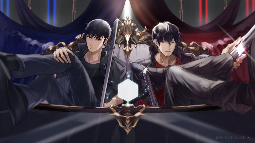 2boys black_eyes black_hair facial_hair highres himo_com holding holding_sword holding_weapon legs_crossed male_focus multiple_boys sheath sheathed shinoda_masafumi stubble sword tachikawa_kei weapon world_trigger