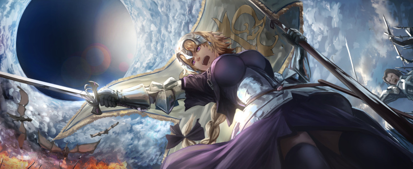 1girl armor black_ribbon blonde_hair braid breasts chains cleavage clouds commentary dragon fate/apocrypha fate/grand_order fate_(series) faulds fire flag gauntlets hair_ribbon headpiece highres large_breasts open_mouth plaster_(2501) ribbon ruler_(fate/apocrypha) single_braid sky solo sword thigh-highs violet_eyes weapon