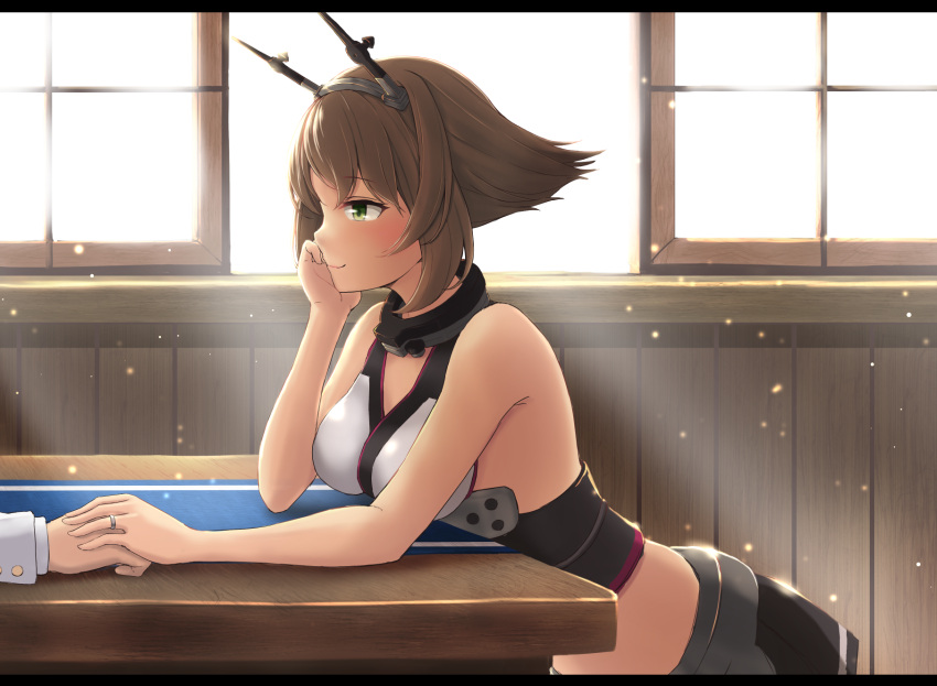 1girl arm_rest bangs bare_arms bare_shoulders blush breasts brown_hair closed_mouth desk eyebrows eyebrows_visible_through_hair from_side gloves gorget green_eyes hairband hand_on_own_cheek happy head_rest headgear highres holding_hand jewelry kantai_collection leaning_forward letterboxed light_particles medium_breasts midriff miniskirt monoku mutsu_(kantai_collection) out_of_frame profile ring short_hair skirt solo_focus sunlight upper_body white_gloves window wooden_wall