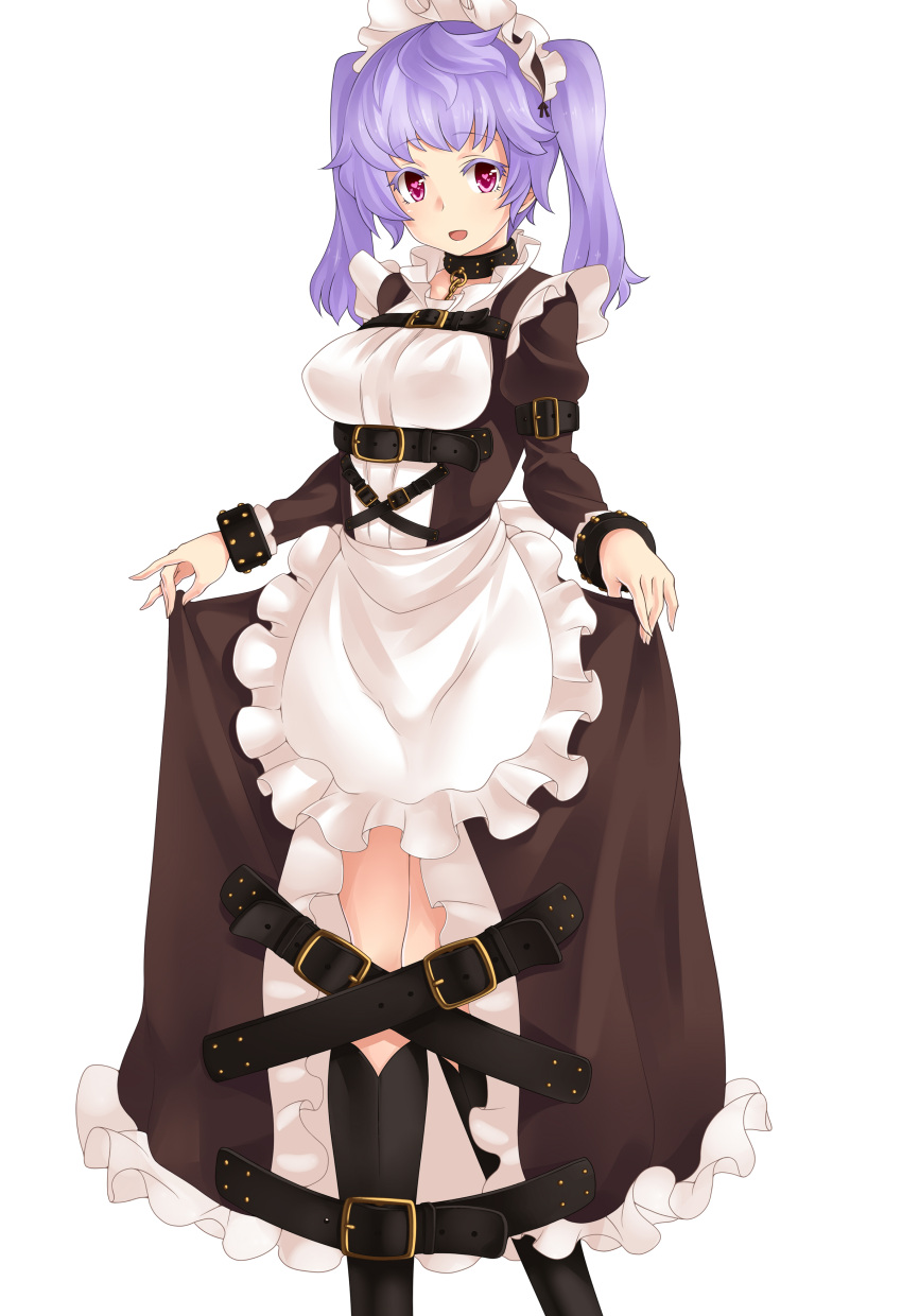 1girl absurdres character_request collar dungeons_&amp;_princess eyebrows eyebrows_visible_through_hair heart heart-shaped_pupils highres long_hair looking_at_viewer maid_headdress open_mouth orochi_itto purple_hair simple_background skirt_hold solo symbol-shaped_pupils twintails violet_eyes white_background