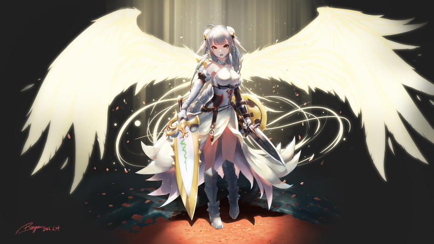 1girl 2016 armor armored_boots boots brown_eyes dated detached_sleeves dual_wielding feathers gloves highres holding holding_sword holding_weapon light_valkyrie_(p&amp;d) long_hair looking_at_viewer puzzle_&amp;_dragons ranyu_kuro signature silver_hair solo sword valkyrie_(p&amp;d) weapon white_gloves wings