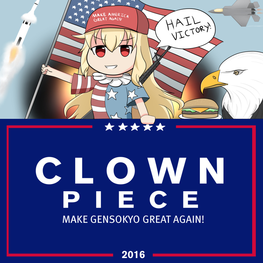 1girl aircraft airplane american_flag american_flag_dress animal assault_rifle bald_eagle baseball_cap bird character_name clownpiece donald_trump eagle english female fighter_jet food gun hamburger hat highres jet m16 mecham military military_vehicle missile real_life rifle smile solo star touhou trump_hat upper_body weapon