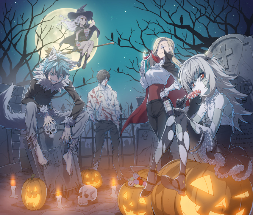 2boys 3girls alcohol animal_ears barefoot bird black_dress blood bloody_clothes bolt bottle broom broom_riding candy claws closed_eyes closers crow dress fang_out food frilled_legwear full_moon fur_trim garter_straps gothic_lolita graveyard grin halloween hat highres jack-o'-lantern lolita_fashion long_toenails looking_at_viewer moon multiple_boys multiple_girls night silver_hair sitting skull smile spiky_hair standing supernew tail thigh-highs toenails tombstone torn_clothes torn_thighhighs tree vampire wine wine_bottle witch witch_hat wolf_ears wolf_tail zombie