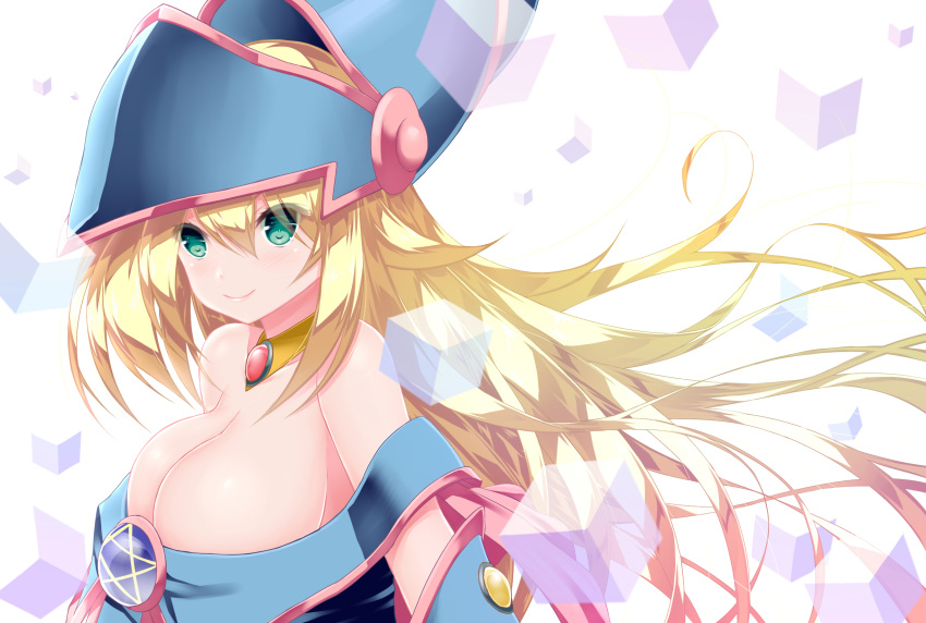 1girl bangs bare_shoulders blonde_hair blue_hat breasts cleavage closed_mouth cube dark_magician_girl duel_monster floating_hair gradient_hair green_eyes hair_between_eyes hat highres jewelry karucho large_breasts long_hair looking_at_viewer multicolored_hair necklace off_shoulder pentacle simple_background smile solo transparent upper_body white_background wizard_hat yu-gi-oh!