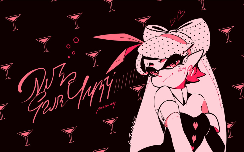 +_+ 1girl alcohol aori_(splatoon) champagne detached_collar domino_mask earrings food food_on_head heart jewelry long_hair looking_at_viewer mask mole mole_under_eye monochrome object_on_head pink polka_dot seto_(asils) smirk solo splatoon strapless tentacle_hair upper_body