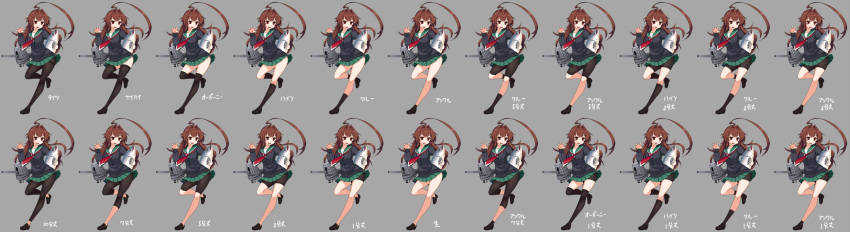 &gt;:d :d ahoge alternate_costume bike_shorts black_legwear brown_hair cannon fish full_body grey_background highres huge_ahoge kantai_collection kneehighs kuma_(kantai_collection) long_hair necktie open_mouth pantyhose pleated_skirt red_eyes sailor_collar skirt smile standing standing_on_one_leg tama_(kantai_collection)_(cosplay) thigh-highs thighband_pantyhose tun turret zettai_ryouiki