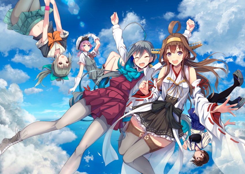 5girls ahoge blue_eyes boots brown_eyes brown_hair closed_eyes clouds cloudy_sky detached_sleeves double_bun floating folded_ponytail gloves green_hair grey_hair grey_legwear hakama_skirt hat headgear japanese_clothes kaga_(kantai_collection) kantai_collection kiyoshimo_(kantai_collection) kongou_(kantai_collection) konkito long_hair low_twintails military_hat multiple_girls muneate navel neck_ribbon nontraditional_miko outstretched_arms pantyhose peaked_cap pink_hair pleated_skirt ponytail red_ribbon remodel_(kantai_collection) ribbon ribbon-trimmed_sleeves ribbon_trim school_uniform serafuku shiranui_(kantai_collection) short_hair short_ponytail side_ponytail skirt sky tasuki thigh-highs thigh_boots twintails white_gloves yuubari_(kantai_collection)