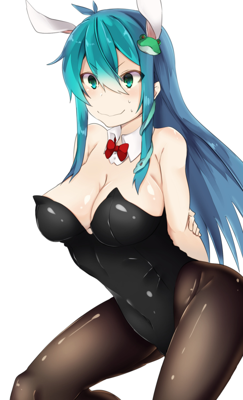 &gt;:) 1girl alternate_costume animal_ears aqua_eyes aqua_hair arms_behind_back bare_shoulders black_legwear black_leotard blush bow bowtie breasts bunny_girl bunnysuit cleavage closed_mouth covered_navel cowboy_shot detached_collar forced_smile frog_hair_ornament hair_between_eyes hair_ornament highleg highleg_leotard highres hiiragi_ken kochiya_sanae large_breasts leaning_forward leotard long_hair pantyhose rabbit_ears red_bow red_bowtie sidelocks snake_hair_ornament solo sweat touhou white_background