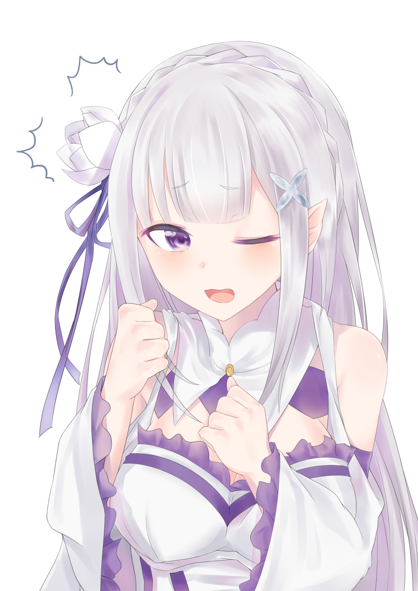 1girl 28aarts absurdres breasts cleavage detached_sleeves dress emilia_(re:zero) flower hair_flower hair_ornament hair_ribbon highres long_hair one_eye_closed open_mouth purple_ribbon re:zero_kara_hajimeru_isekai_seikatsu ribbon silver_hair simple_background solo violet_eyes white_background white_dress white_flower