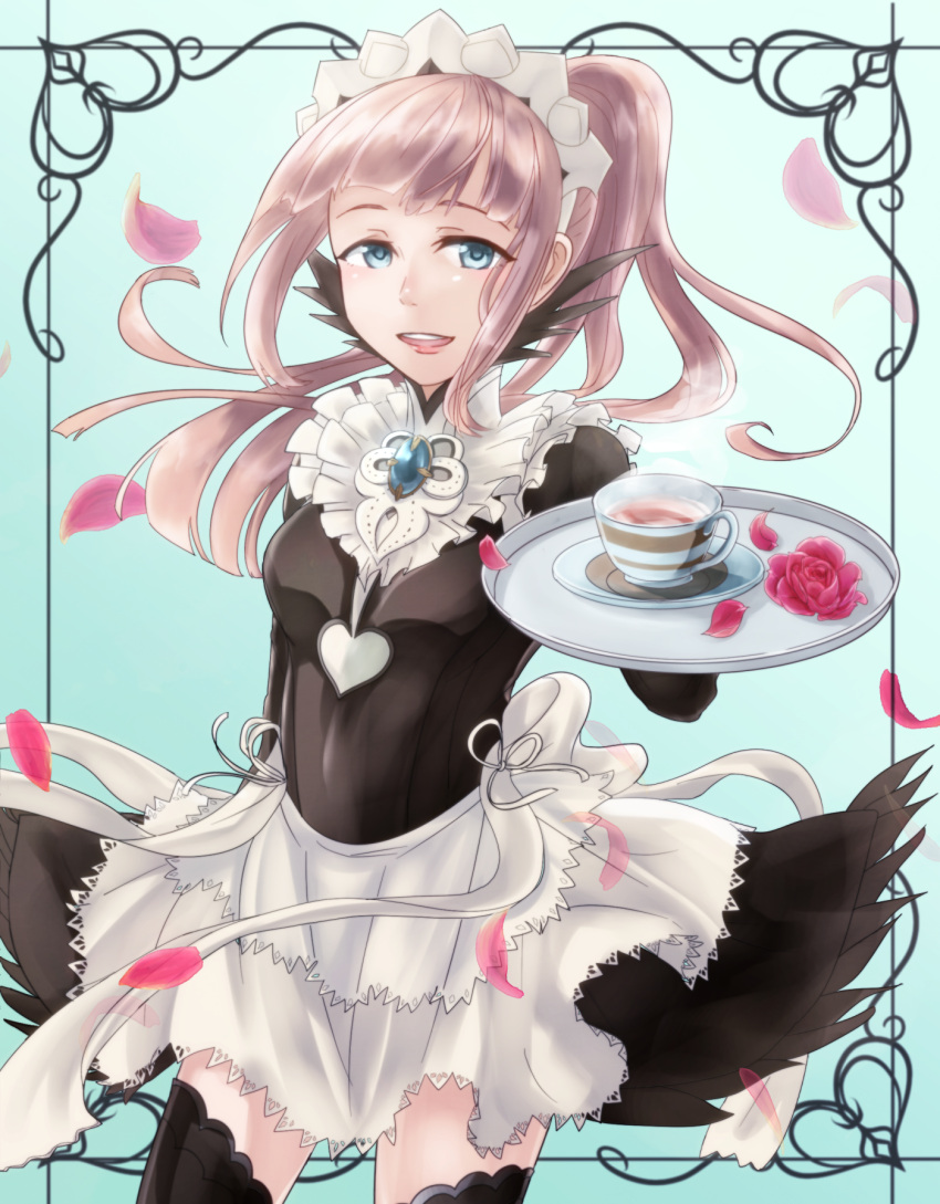 1girl apron aqua_background blue_eyes cup felicia_(fire_emblem_if) fire_emblem fire_emblem_if flower haru_(nakajou-28) highres long_hair maid_apron maid_headdress open_mouth petals pink_hair ponytail rose simple_background solo teacup teeth