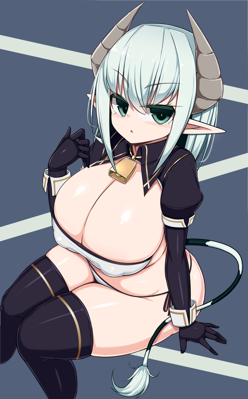 absurdres aqua_eyes aqua_hair bare_shoulders bell belly black_gloves breasts cleavage cow_bell curvy demon_girl demon_tail gloves highres horns huge_breasts long_hair looking_at_viewer parted_lips plump pointy_ears puffy_nipples sawati tail thick_thighs thighs