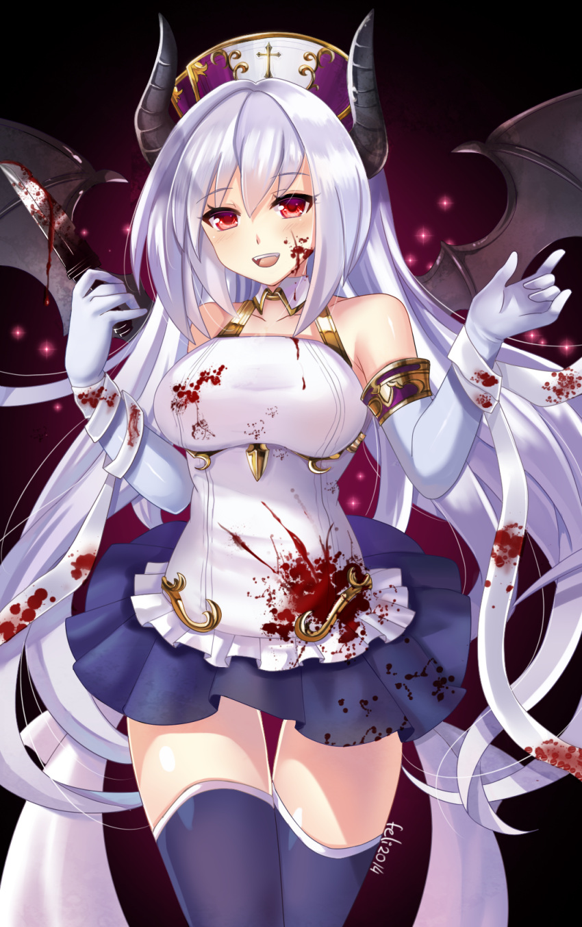 10s 1girl 2014 blood blood_on_face bloody_clothes bloody_knife blue_gloves blue_legwear blue_skirt collarbone demon_wings elbow_gloves felicia-val gloves highres holding holding_knife horns knife long_hair looking_at_viewer open_mouth original pleated_skirt red_eyes silver_hair skirt solo thigh-highs wings
