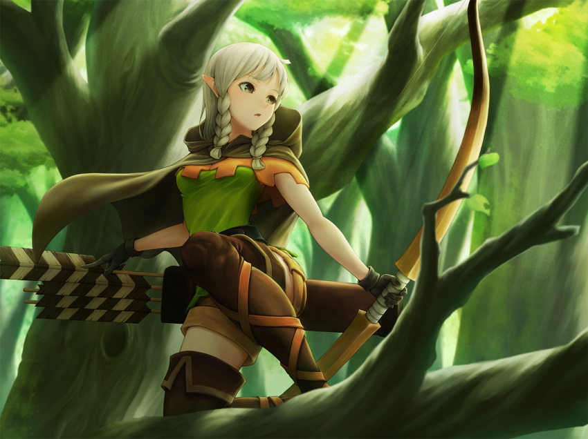 1girl arrow bangs belt black_gloves boots bow_(weapon) braid breasts brown_boots brown_eyes brown_shorts cloak cross-laced_legwear day dragon's_crown elf elf_(dragon's_crown) eyelashes forest gloves holding holding_weapon hood hood_down hooded_cloak in_tree ju_go_(toamariitutu) light_rays looking_away nature one_knee pointy_ears quiver shorts side_braid silver_hair small_breasts solo thigh-highs thigh_boots tree twin_braids weapon