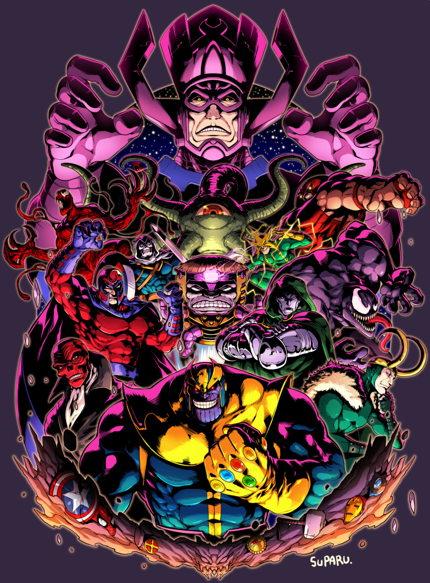 abs armor artist_name badge bodysuit cape carnage_(marvel) claws clenched_hand clenched_teeth coat crossed_arms deadpool doctor_doom electricity electro_(spider-man) evil_grin evil_smile eye_of_agamotto fingerless_gloves frown galactus gloves grin hammer hand_on_own_chin helmet highres hood infinity_gauntlet juggernaut_(x-men) loki_(marvel) long_tongue magneto marvel mask mjolnir modok monster muscle purple_gloves purple_skin red_eyes red_skin red_skull sharp_teeth shield shuma_gorath signature skin_tight smile spider-man_(series) suparu_(detteiu) sword taskmaster teeth tentacle thanos tongue venom_(marvel) weapon yellow_eyes yellow_gloves