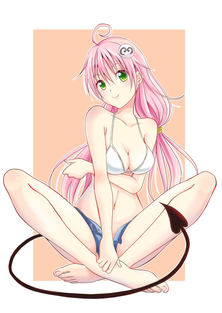 bare_legs barefoot bikini_top breasts cleavage demon_tail denim denim_shorts green_eyes hair_ornament highres indian_style lala_satalin_deviluke leafar long_hair pink_hair shorts sitting smile tail to_love-ru to_love-ru_darkness very_long_hair