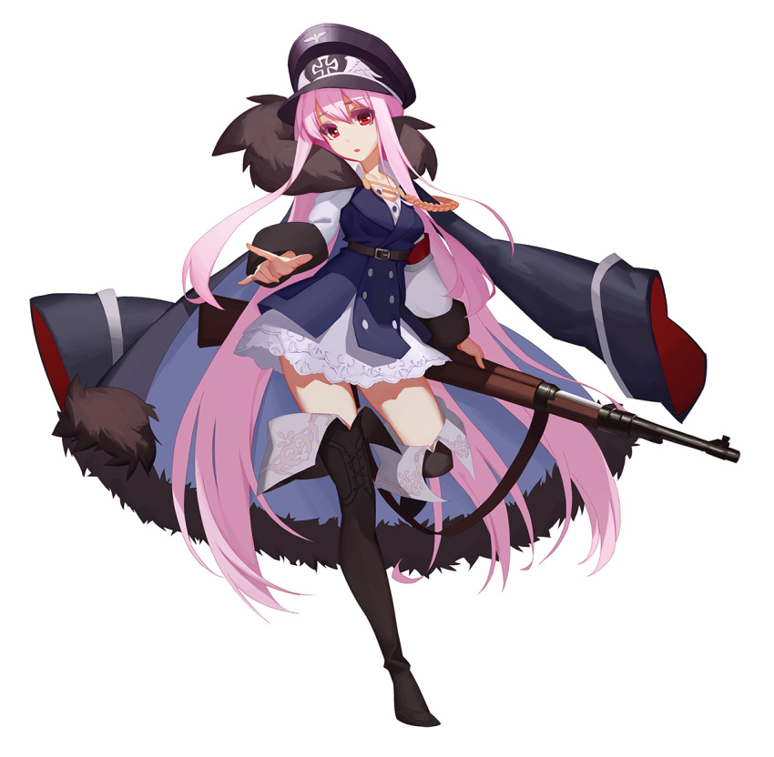 1girl \m/ aiguillette black_boots black_hat bolt_action boots full_body girls_frontline gun hat iron_cross kar98k_(girls_frontline) long_hair looking_at_viewer mauser_98 peaked_cap pink_hair red_eyes rifle skirt solo thigh-highs thigh_boots very_long_hair weapon white_background white_skirt youxuemingdie