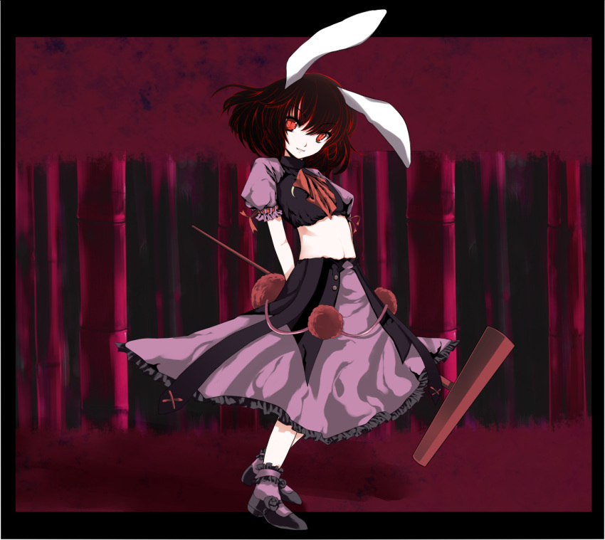 animal_ears arms_behind_back atoshi black_hair bunny_ears crop_top hammer highres inaba_tewi mallet mary_janes midriff rabbit_ears red_eyes red_hair shoes short_hair skirt slit_pupils smile standing touhou