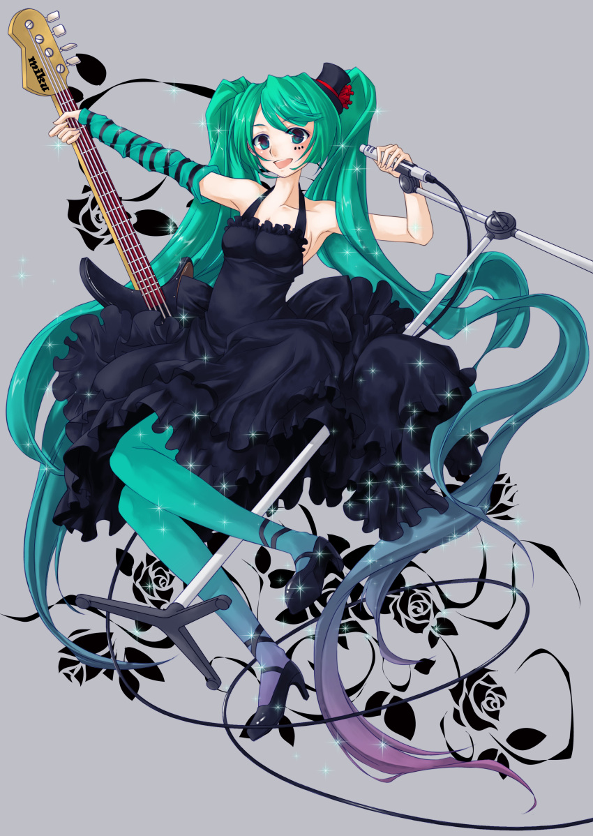 absurdres akiyama_mio akiyama_mio_(cosplay) bad_id bass_guitar blue_legwear cosplay don't_say_lazy don't_say_"lazy" dress face_paint facepaint fingerless_gloves gloves green_eyes green_hair guitar hat hatsune_miku highres instrument k-on! lilithbloody long_hair microphone microphone_stand mini_top_hat pantyhose solo top_hat twintails vocaloid