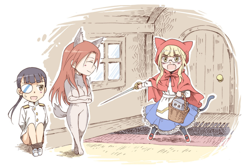 agahari animal_costume animal_ears basket big_bad_wolf big_bad_wolf_(cosplay) big_bad_wolf_(grimm) black_hair blonde_hair blush chibi closed_eyes cosplay dress eyepatch fang glasses grimm's_fairy_tales little_red_riding_hood little_red_riding_hood_(cosplay) little_red_riding_hood_(grimm) military military_uniform minna-dietlinde_wilcke multiple_girls pantyhose perrine_h_clostermann red_hair redhead sakamoto_mio strike_witches sweatdrop sword tail tied_up translated uniform weapon