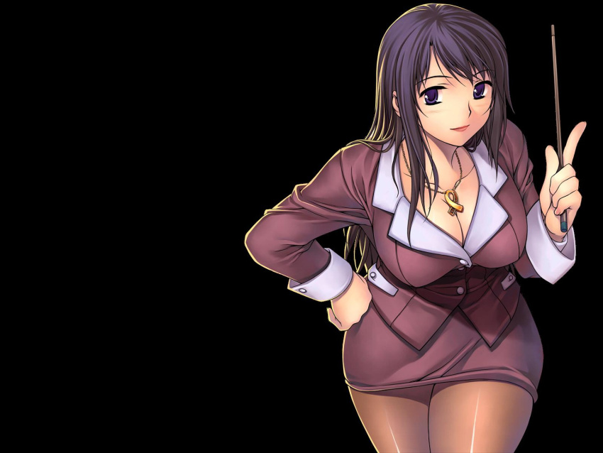 black_eyes brown_hair cleavage formal ha_ji-soo hae-young_na hand_on_hip highres jewelry leaning_forward lipstick long_hair miniskirt necklace pantyhose pointer purple_eyes purple_hair simple_background skirt skirt_suit smile solo soo-hyon_lee suit teacher unbalance_unbalance wallpaper