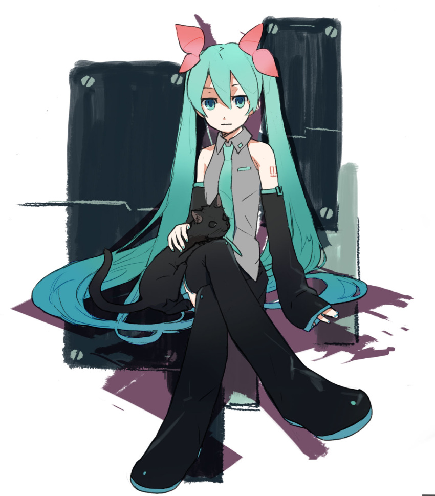 boots cat crossed_legs detached_sleeves expressionless green_hair hair_ribbon hatsune_miku highres long_hair mitosa ribbon sitting solo thigh-highs thigh_boots thighhighs twintails vocaloid