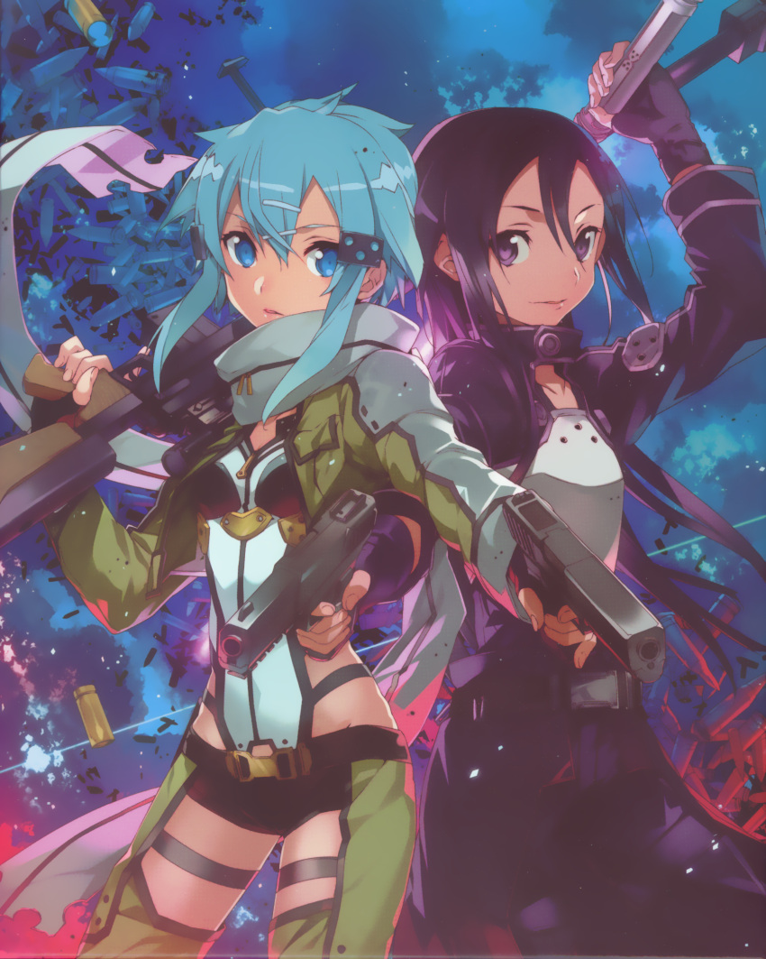 1boy 1girl abec asada_shino black_eyes black_hair blue_eyes blue_hair blurry bullet energy_sword finger_on_trigger glasses gun highres holding kirito_(sao-ggo) long_hair parted_lips reflection rifle scarf shinon_(sao) short_hair shorts sniper_rifle sword sword_art_online weapon