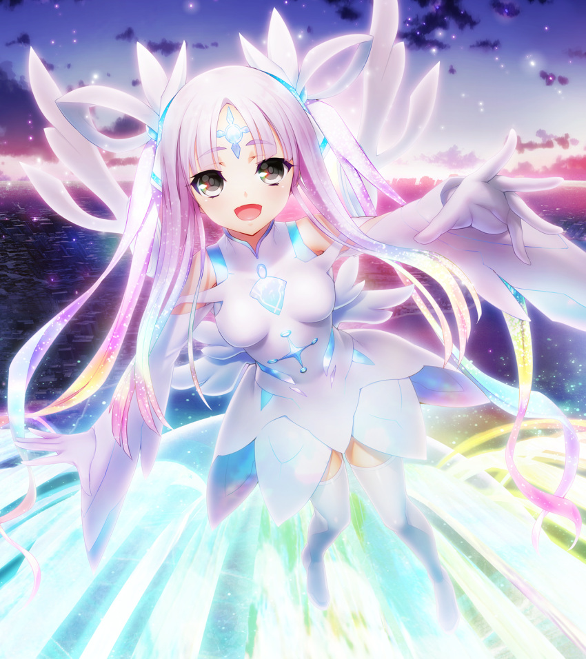1girl black_eyes breasts city clouds detached_sleeves facial_mark feet flying forehead_mark full_body game_cg gloves hair_ornament hair_ribbon happy highres legs long_hair looking_at_viewer nitroplus ocean oosaki_shin'ya open_mouth outdoors pink_hair ribbon shiny shiny_hair sky small_breasts smile solo substance-concept thigh-highs thigh_boots thighs tokyo_necro water wide_sleeves wings
