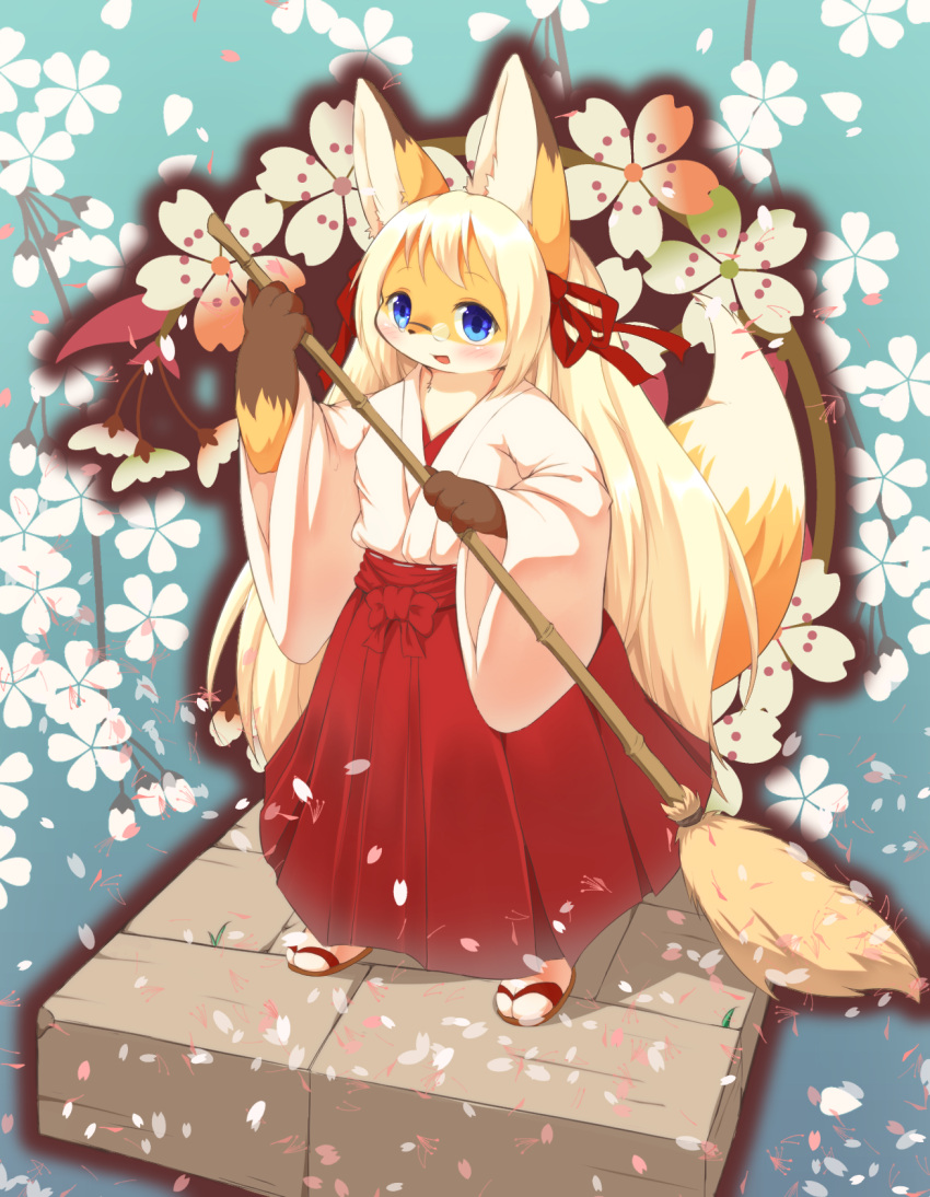 1girl artist_request blonde_hair blue_eyes borrowed_character female flower fox full_body furry gradient gradient_background japanese_clothes kishibe long_hair open_mouth plant solo