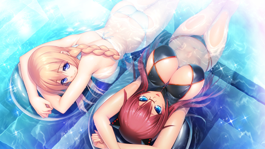 2girls armpits arms_up aso_kiriri ass back bare_arms bare_legs bare_shoulders bikini blonde_hair blue_eyes braid breasts butt_crack cleavage cleavage_cutout game_cg glasses headgear highres huge_breasts innertube kibanohara_ethica legs light_smile long_hair looking_at_viewer lying mound_of_venus multiple_girls navel nitroplus on_back on_stomach oosaki_shin'ya outdoors parted_lips partially_submerged pool red-framed_glasses redhead semi-rimless_glasses single_braid smile swimsuit thighs thong tokyo_necro water wet