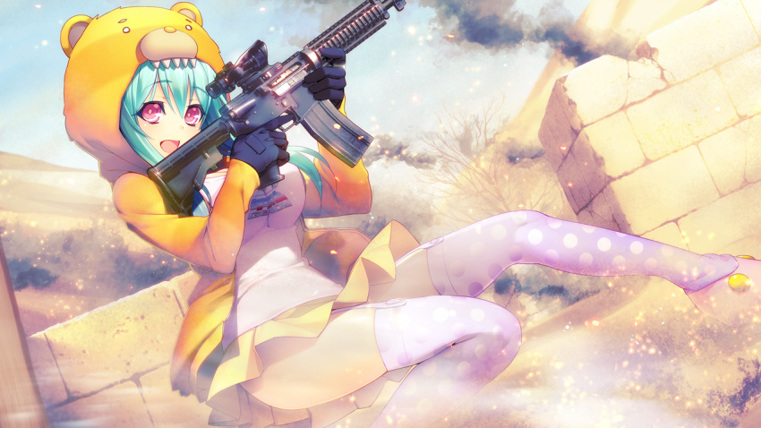 1girl bear_ears breasts feet game_cg garter_straps gloves green_hair happy highres holding holding_weapon hood hoodie hougyou_ilia large_breasts legs long_hair looking_at_viewer nitroplus oosaki_shin'ya open_mouth pink_eyes shoes skirt smile smoke solo thigh-highs thighs tokyo_necro war weapon
