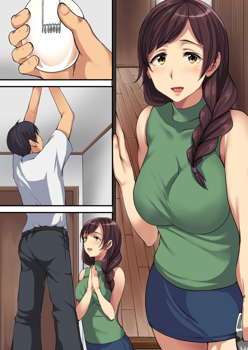 1boy 1girl arms_up ass bare_arms bare_shoulders belt black_hair blue_skirt blush braid breasts brown_hair door hands_together happy highres hitozu_mansion_oyakodon-hen indoors large_breasts legs long_hair looking_at_viewer looking_up murasame_nohito orange_eyes parted_lips sequential short_hair single_braid skirt sleeveless smile standing sweater thighs turtleneck turtleneck_sweater wooden_floor