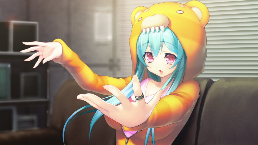 1girl aqua_hair bear_ears blue_hair breasts couch game_cg highres hood hoodie hougyou_ilia indoors jewelry large_breasts long_hair long_sleeves looking_away nitroplus oosaki_shin'ya parted_lips pink_eyes ring serious sitting solo tokyo_necro upper_body zipper