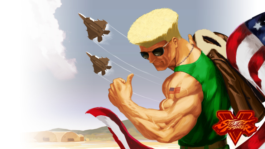 1boy airplane american_flag biceps blonde_hair blue_sky capcom condensation_trail enrique guile jacket jacket_over_shoulder jet logo muscle sky sleeveless smile solo street_fighter street_fighter_v sunglasses tattoo thumbs_up toned