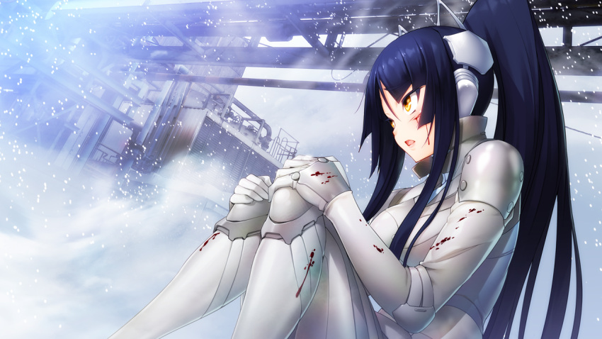 1girl blood blood_on_face blue_hair bodysuit breasts game_cg gijou_mitsumi headgear highres injury knee_pads large_breasts legs long_hair looking_up nitroplus oosaki_shin'ya outdoors parted_lips ponytail shoulder_pads sitting snow snowing solo thighs tokyo_necro yellow_eyes