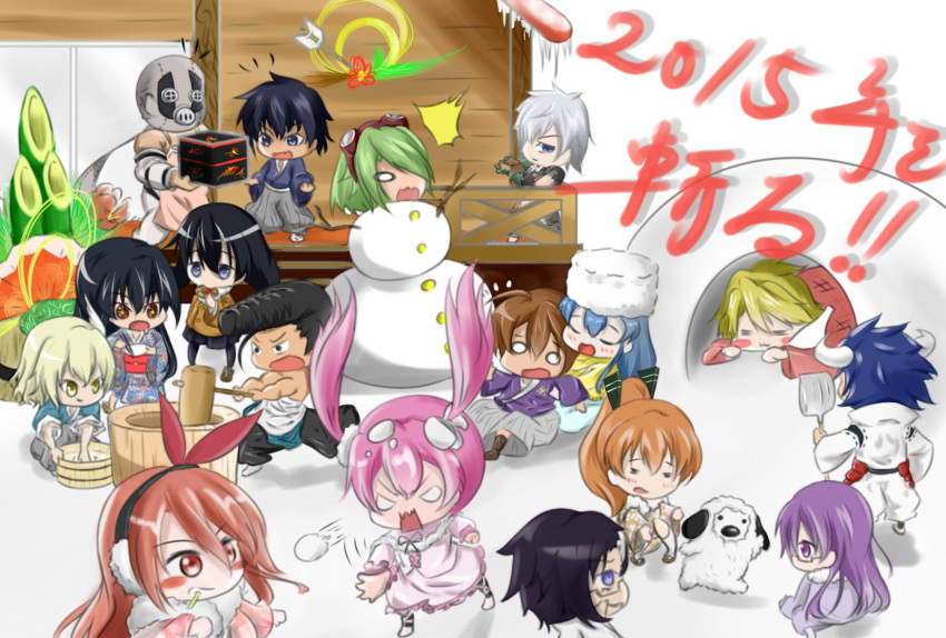 akame akame_ga_kill! apron black_hair blonde_hair blue_eyes blue_hair bols brown_hair bulat chelsea_(akame_ga_kill!) chibi closed_eyes coat dog dr._stylish dress earmuffs esdeath gas_mask glasses goggles green_hair grey_hair hekatonkheires kurome_(akame_ga_kill!) leone lubbock mechanical_arm mine_(akame_ga_kill!) multiple_boys multiple_girls najenda orange_hair pink_hair purple_eye purple_hair red_eyes run_(akame_ga_kill!) seryu_ubiquitous sheele shirtless snow snowman susanoo_(akame_ga_kill!) tatsumi_(akame_ga_kill!) twintails wave_(akame_ga_kill!) white_hair yellow_eyes yukata