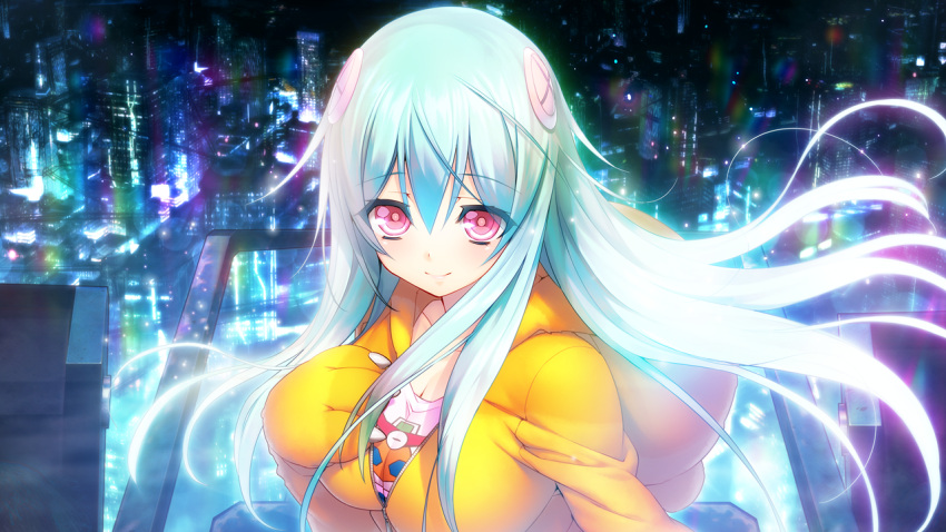 1girl aqua_hair bear_paws blue_hair blush breasts city floating_hair game_cg hand_on_own_chest highres hood hoodie hougyou_ilia large_breasts long_sleeves looking_at_viewer nitroplus oosaki_shin'ya paws pink_eyes smile solo tokyo_necro upper_body wind zipper